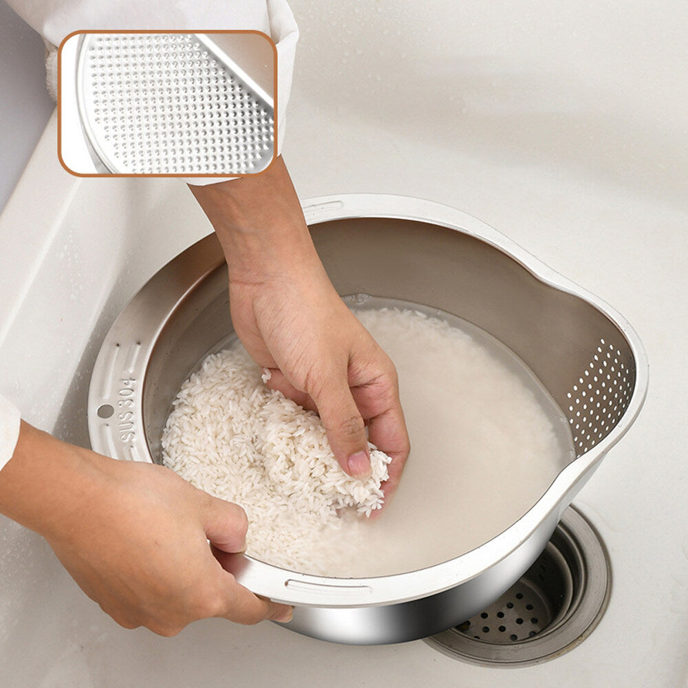 Kitchen Multifunctional Rice Washing Bowl Stainless Steel Drain Basket Sloping Bottom Vegetable Basin Fruit Vegetables Cleaning Filter Pot Basin Mesh Filter