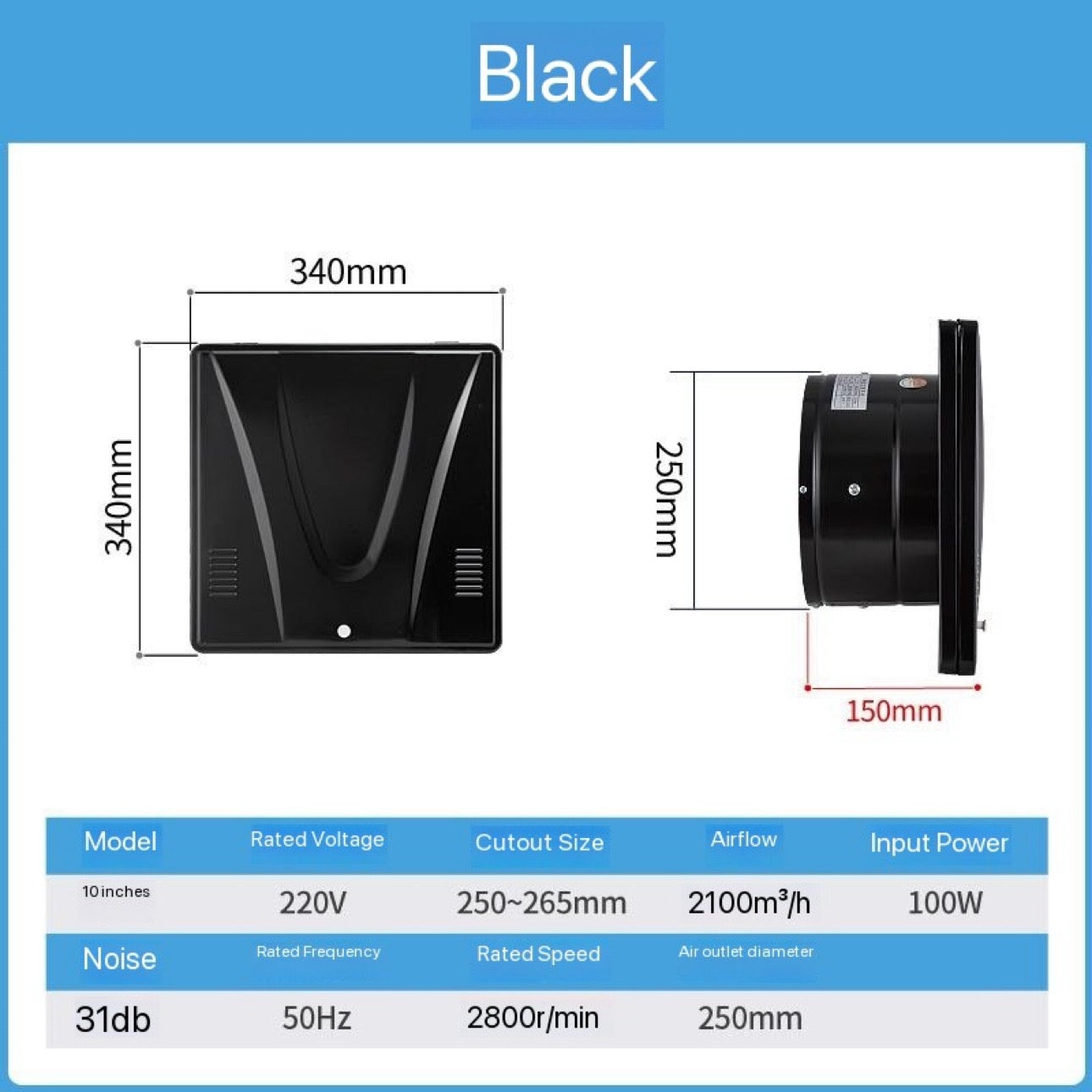 Super Exhaust Fan 100% Copper Motor High Power Full Metal 13 x 13 Inch Body Speed Control