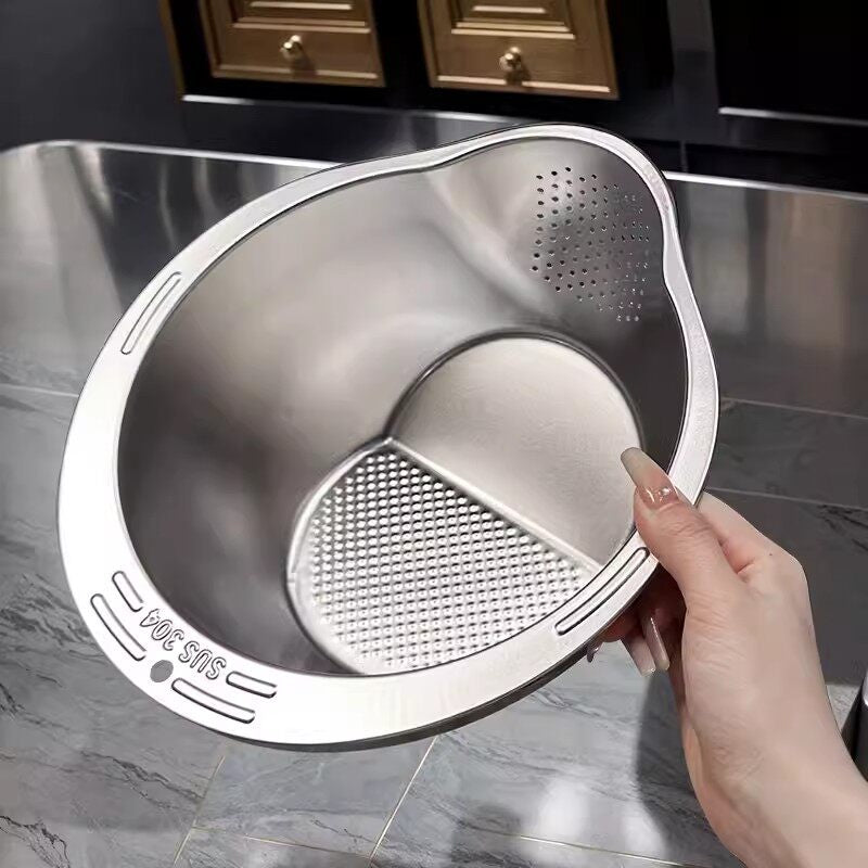 Kitchen Multifunctional Rice Washing Bowl Stainless Steel Drain Basket Sloping Bottom Vegetable Basin Fruit Vegetables Cleaning Filter Pot Basin Mesh Filter