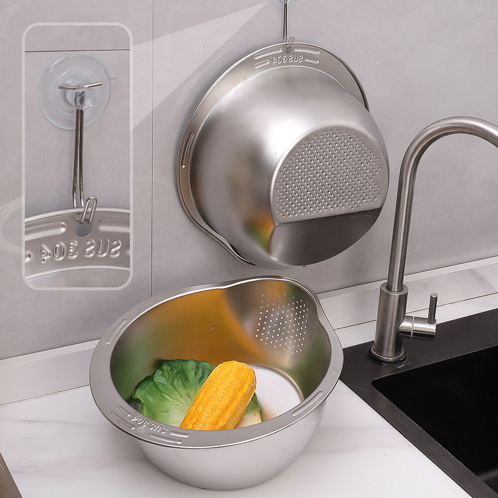 Kitchen Multifunctional Rice Washing Bowl Stainless Steel Drain Basket Sloping Bottom Vegetable Basin Fruit Vegetables Cleaning Filter Pot Basin Mesh Filter