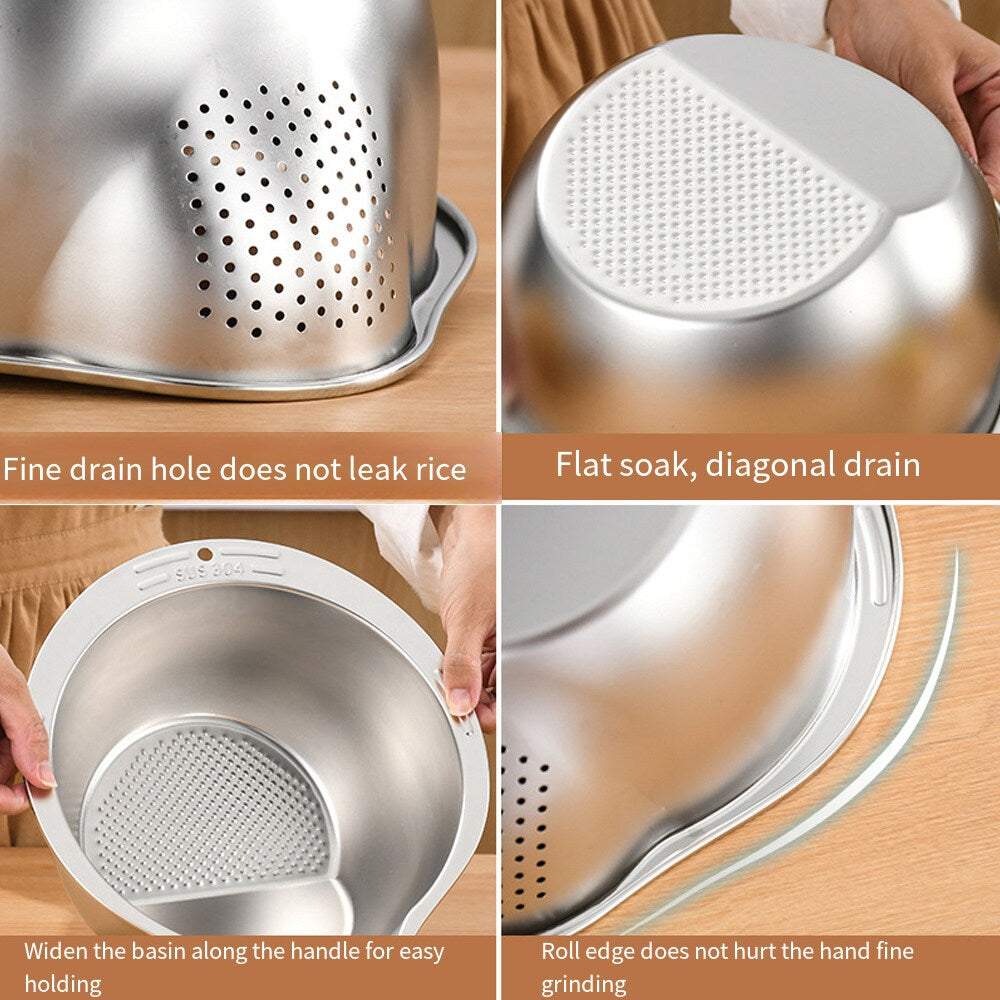 Kitchen Multifunctional Rice Washing Bowl Stainless Steel Drain Basket Sloping Bottom Vegetable Basin Fruit Vegetables Cleaning Filter Pot Basin Mesh Filter