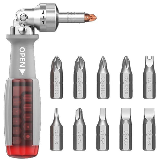10 in 1 Tool Multifunctional Ratchet Screw Driver Premium Toughned Stainless Steel Angle Bend Inbuilt 10 Pcs Screws Pull to Store Home Improvement Car Motorbike DIY Must Have