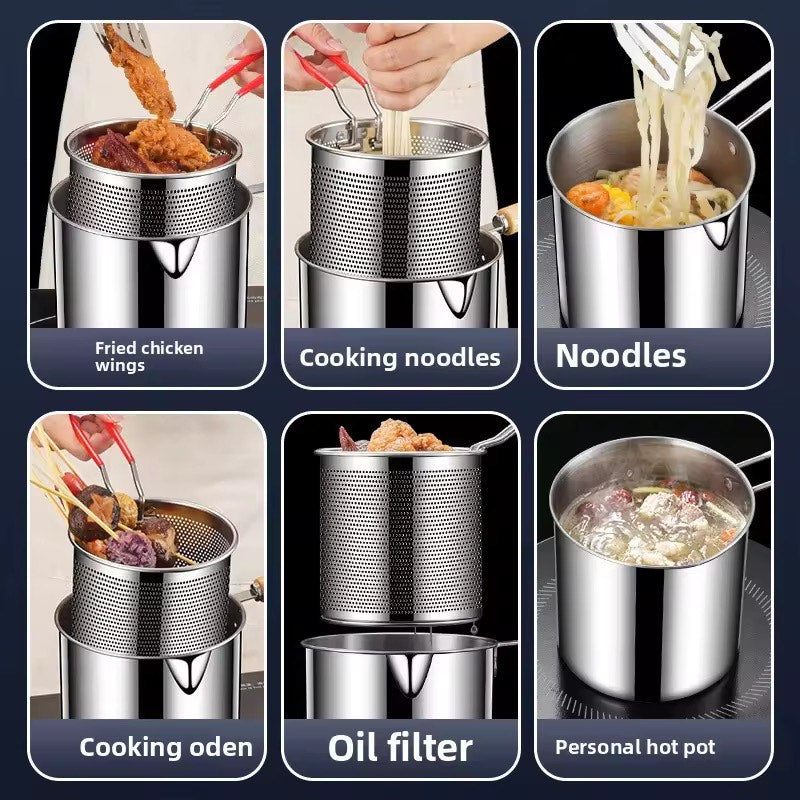 1.2L Portable Stainless Steel Fryer Pot β Multipurpose Mini Stockpot with Strainer for Fried Chicken, French Fries, Soup & Noodles