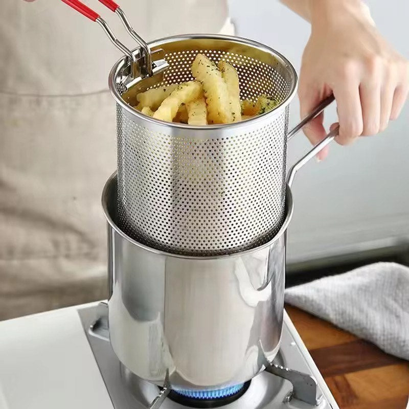 1.2L Portable Stainless Steel Fryer Pot β Multipurpose Mini Stockpot with Strainer for Fried Chicken, French Fries, Soup & Noodles