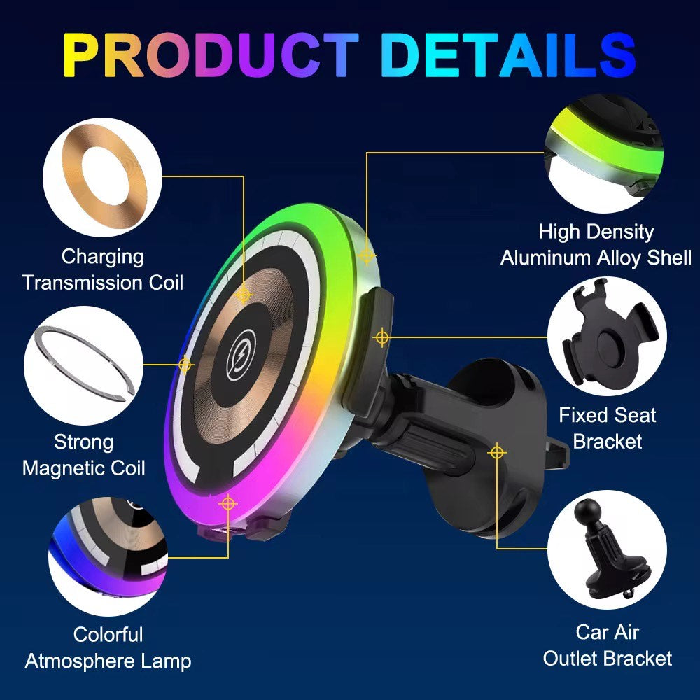 15W Magnetic Wireless Car Air Vent phone Charger With Ambient RGB lamp Fast Charger with OTP Protection