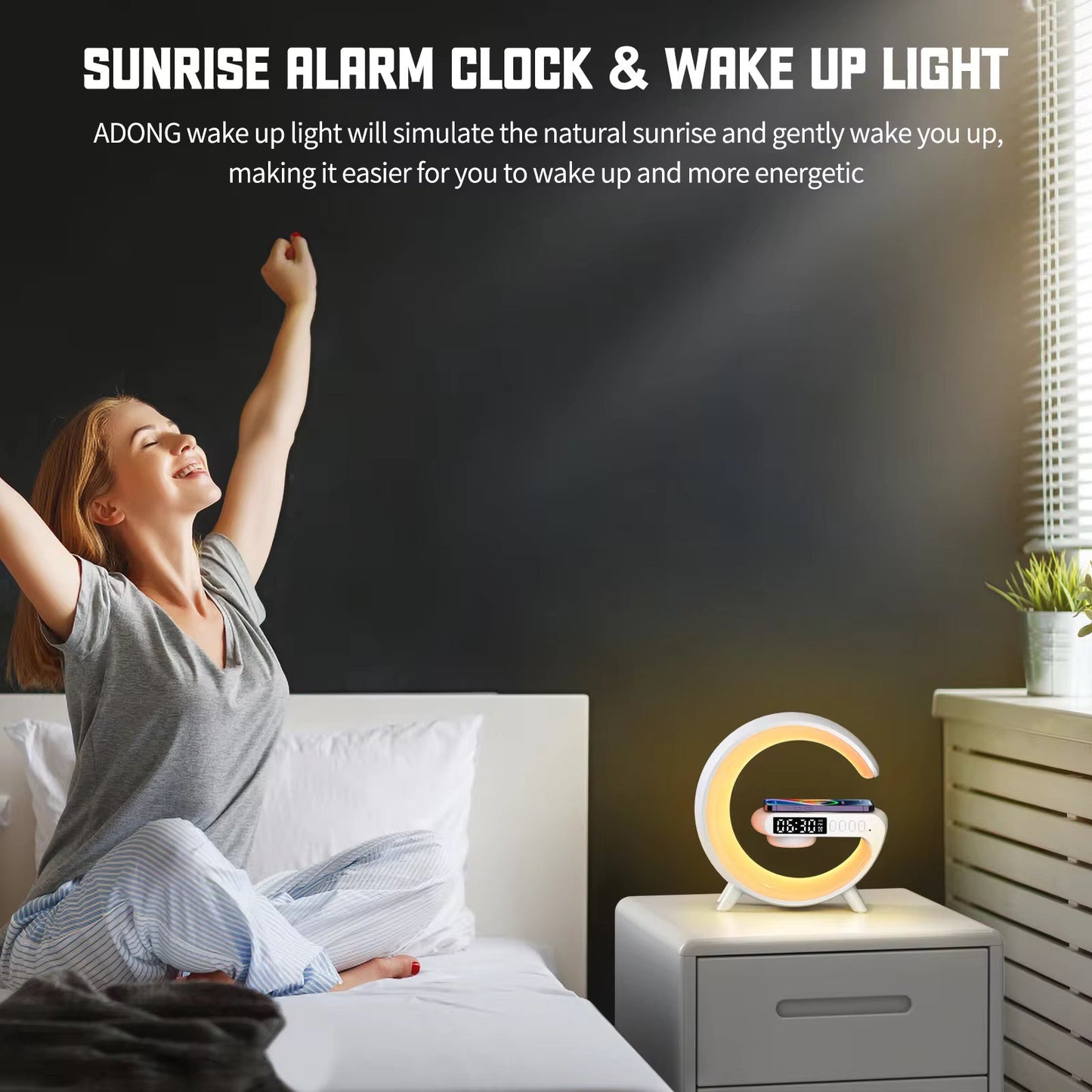 G-Shaped 15W Wireless Fast Charging Mobile App Control LED Night Light Dimmable Table Lamp /Wake Up Alarm Clock With BT Speaker