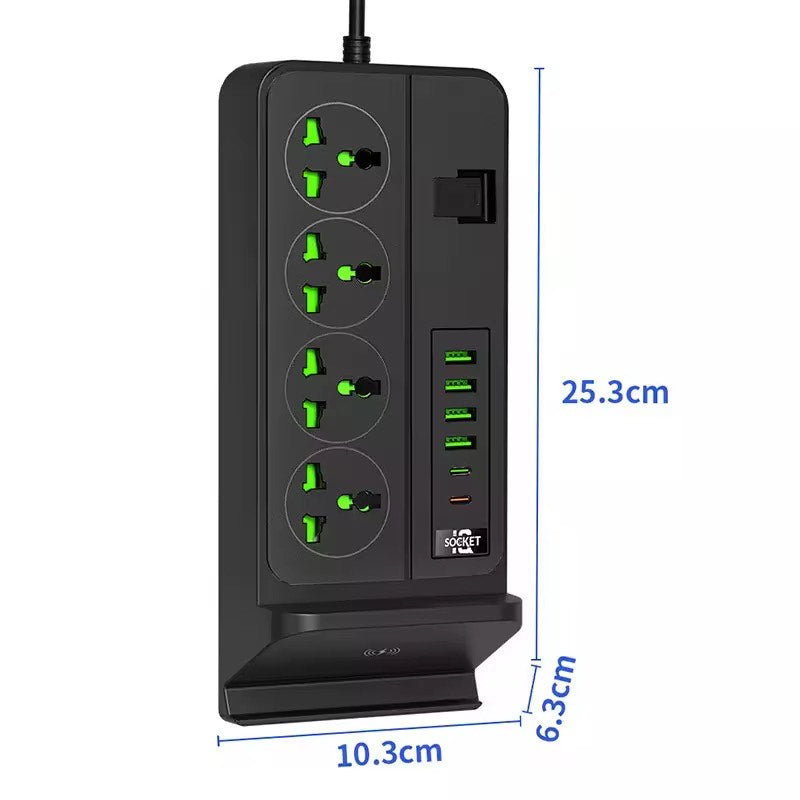 Smart Power Hub: Wireless Charging Extension Socket Strip with USB & Phone Holder – 3000V Surge Protection | 13A | 110–265V