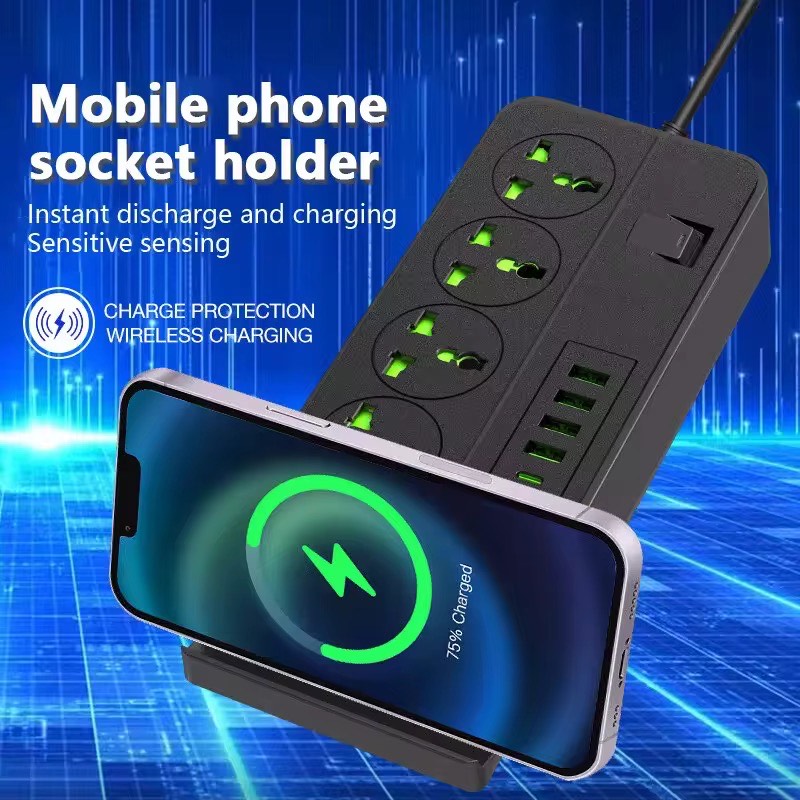 Smart Power Hub: Wireless Charging Extension Socket Strip with USB & Phone Holder – 3000V Surge Protection | 13A | 110–265V