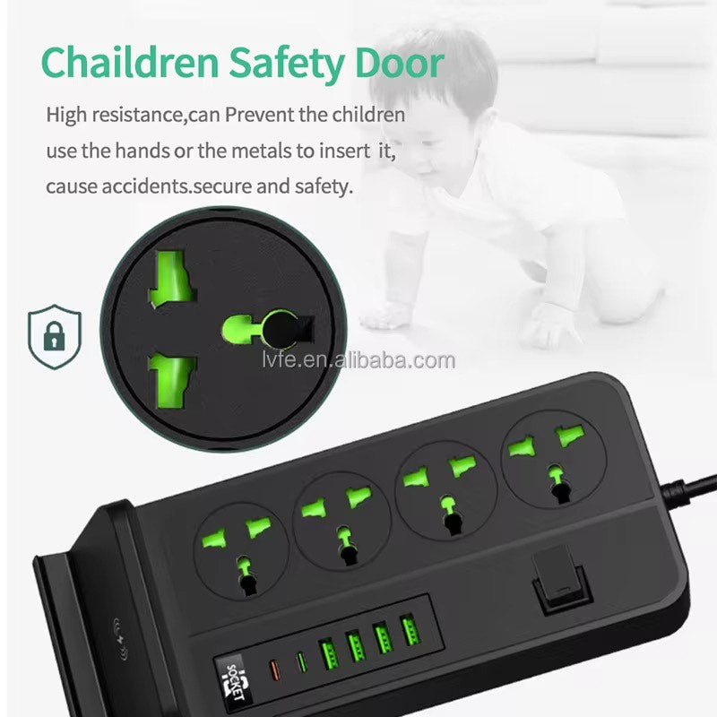 Smart Power Hub: Wireless Charging Extension Socket Strip with USB & Phone Holder – 3000V Surge Protection | 13A | 110–265V
