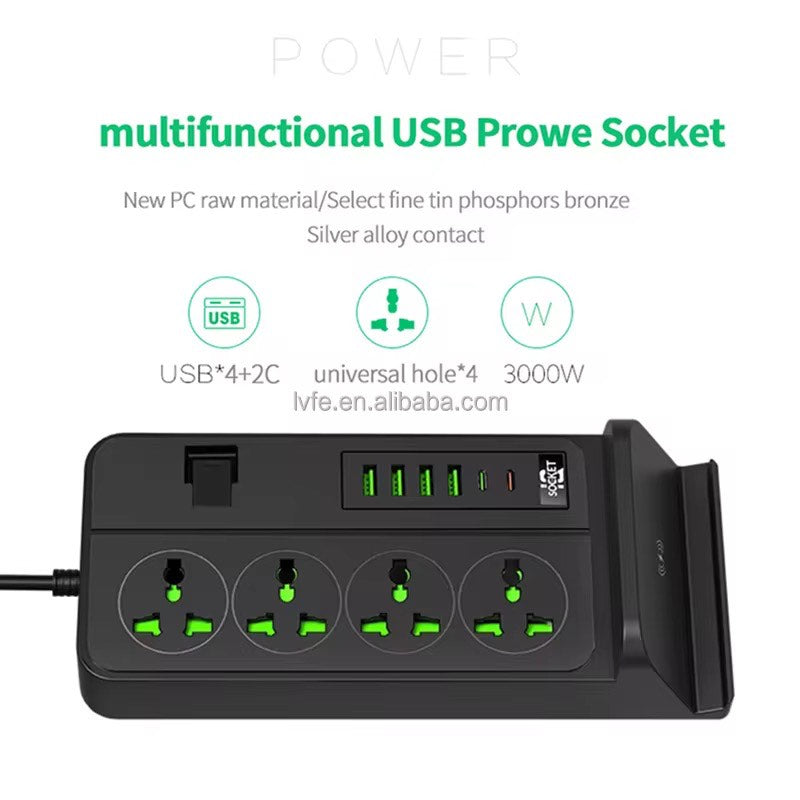 Smart Power Hub: Wireless Charging Extension Socket Strip with USB & Phone Holder – 3000V Surge Protection | 13A | 110–265V