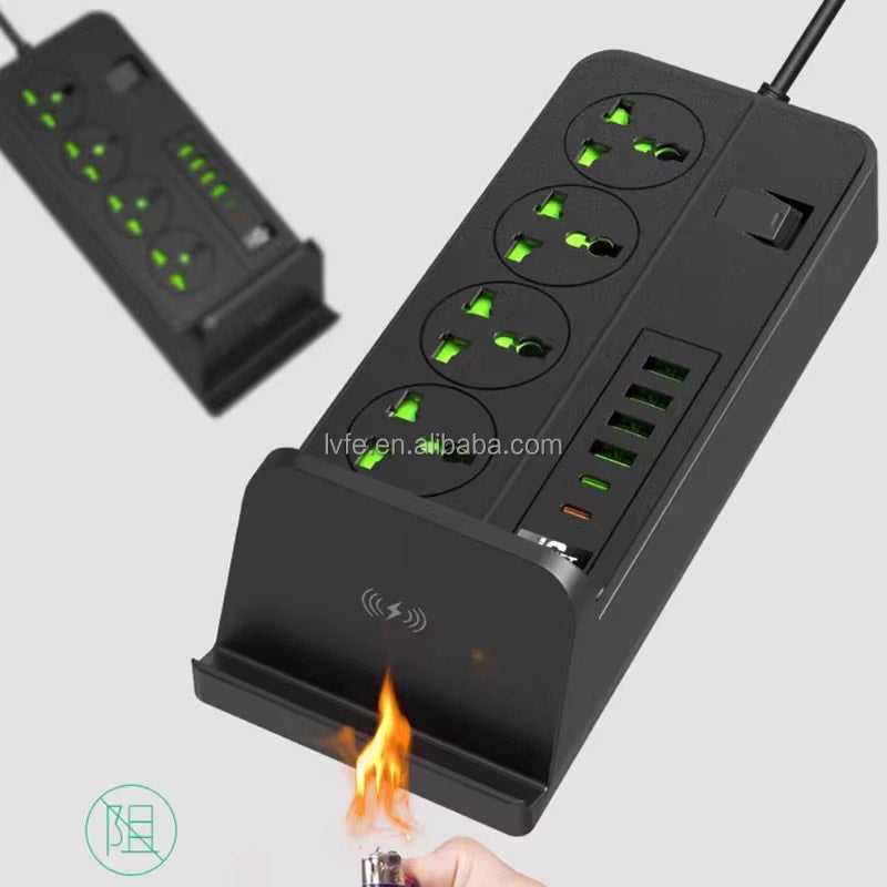 Smart Power Hub: Wireless Charging Extension Socket Strip with USB & Phone Holder – 3000V Surge Protection | 13A | 110–265V