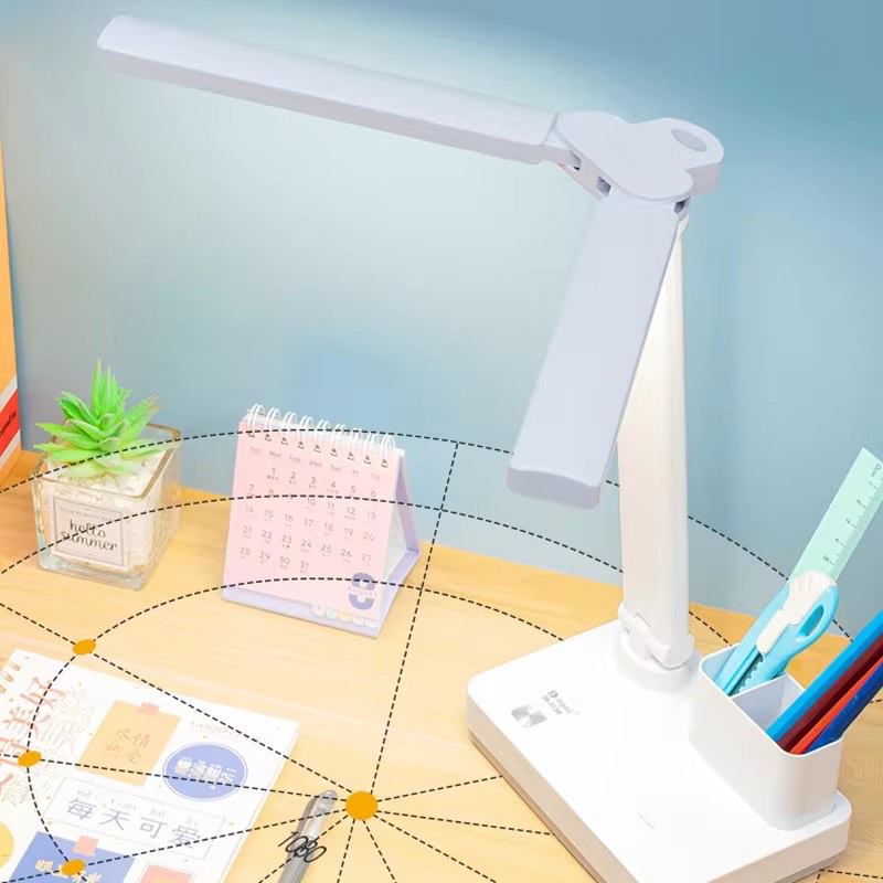 Dual Headed Three level Dimming Foldable Rechargeable and Plug in Dual LED Eye Protected Table Lamp with Modern Design Adjustable Color with Pen Holder