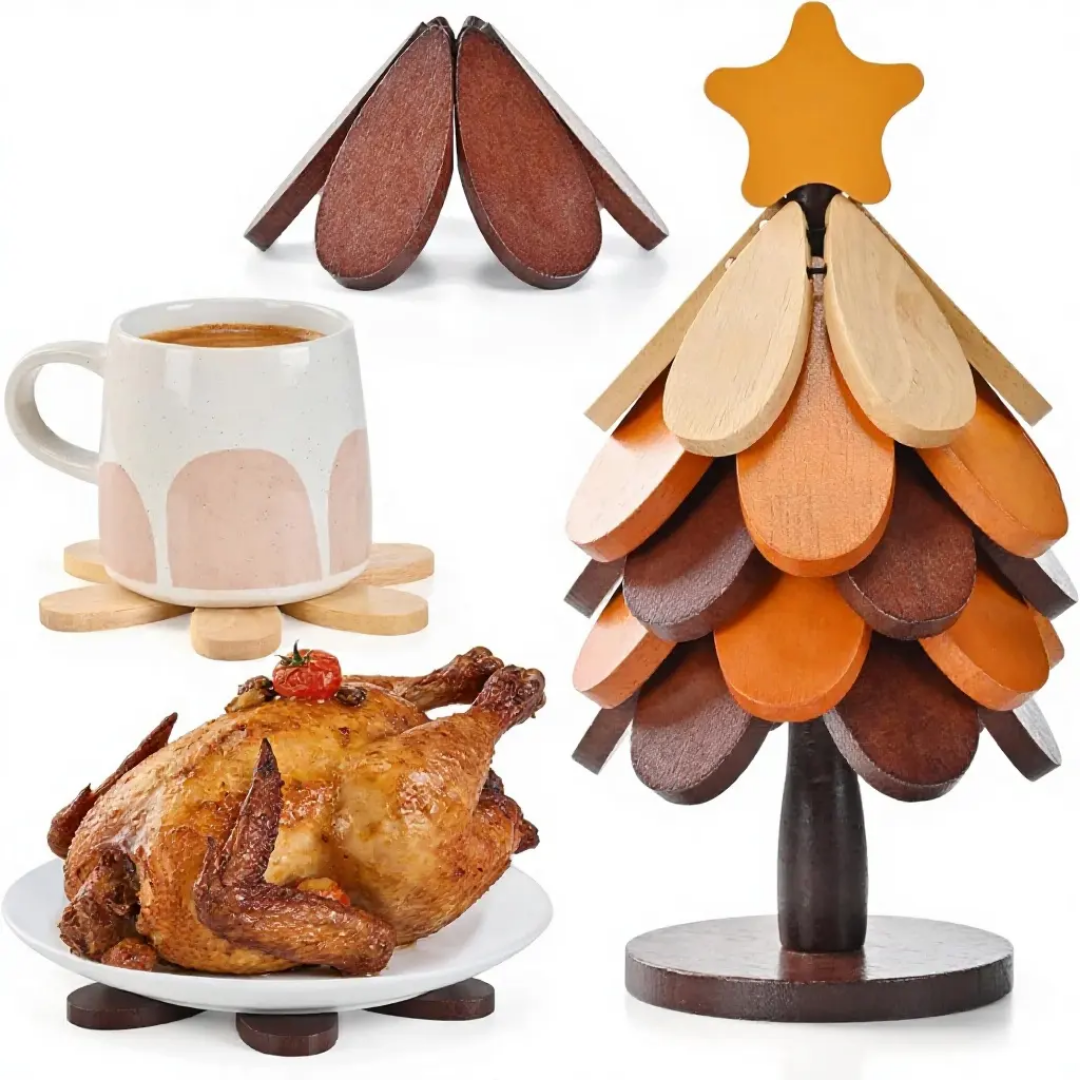 Foldable Wooden Tree Heat Mat Drink Coaster Tree Art Decor Dining Table Decoration for Kitchen, Holiday Decor Gift