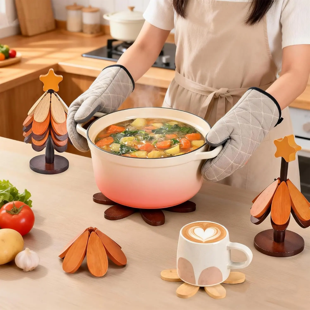 Foldable Wooden Tree Heat Mat Drink Coaster Tree Art Decor Dining Table Decoration for Kitchen, Holiday Decor Gift