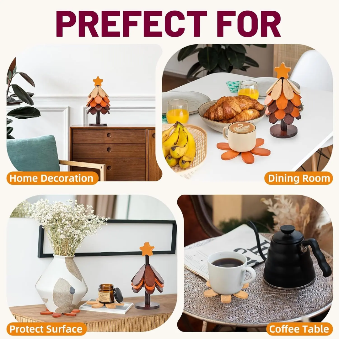 Foldable Wooden Tree Heat Mat Drink Coaster Tree Art Decor Dining Table Decoration for Kitchen, Holiday Decor Gift