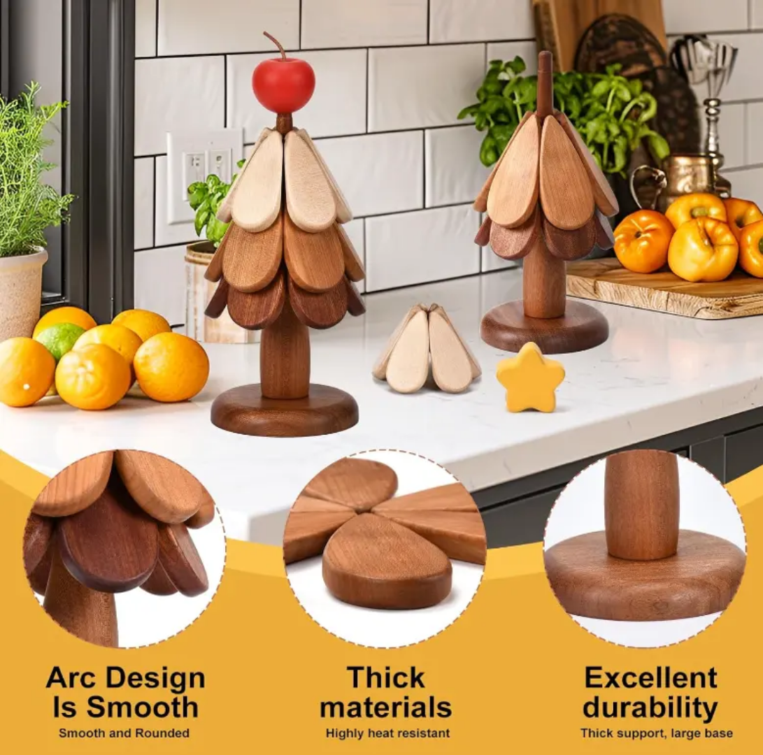 Foldable Wooden Tree Heat Mat Drink Coaster Tree Art Decor Dining Table Decoration for Kitchen, Holiday Decor Gift