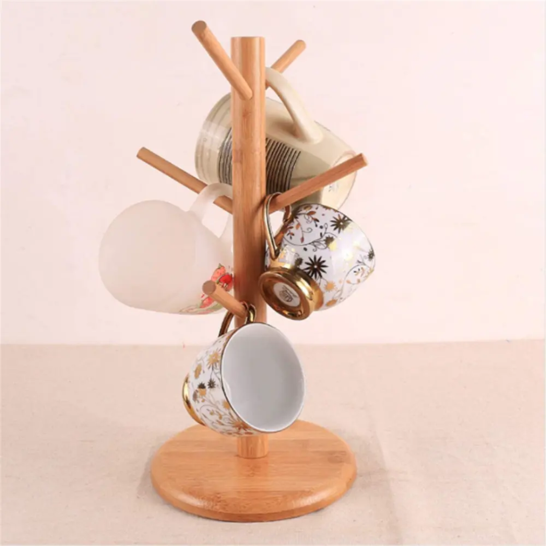 Wooden Bamboo Cup Holder Tree display rack 6 Hooks Tree Stand Organizer for Kitchen Home Storage