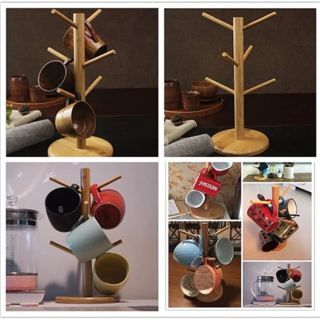 Wooden Bamboo Cup Holder Tree display rack 6 Hooks Tree Stand Organizer for Kitchen Home Storage