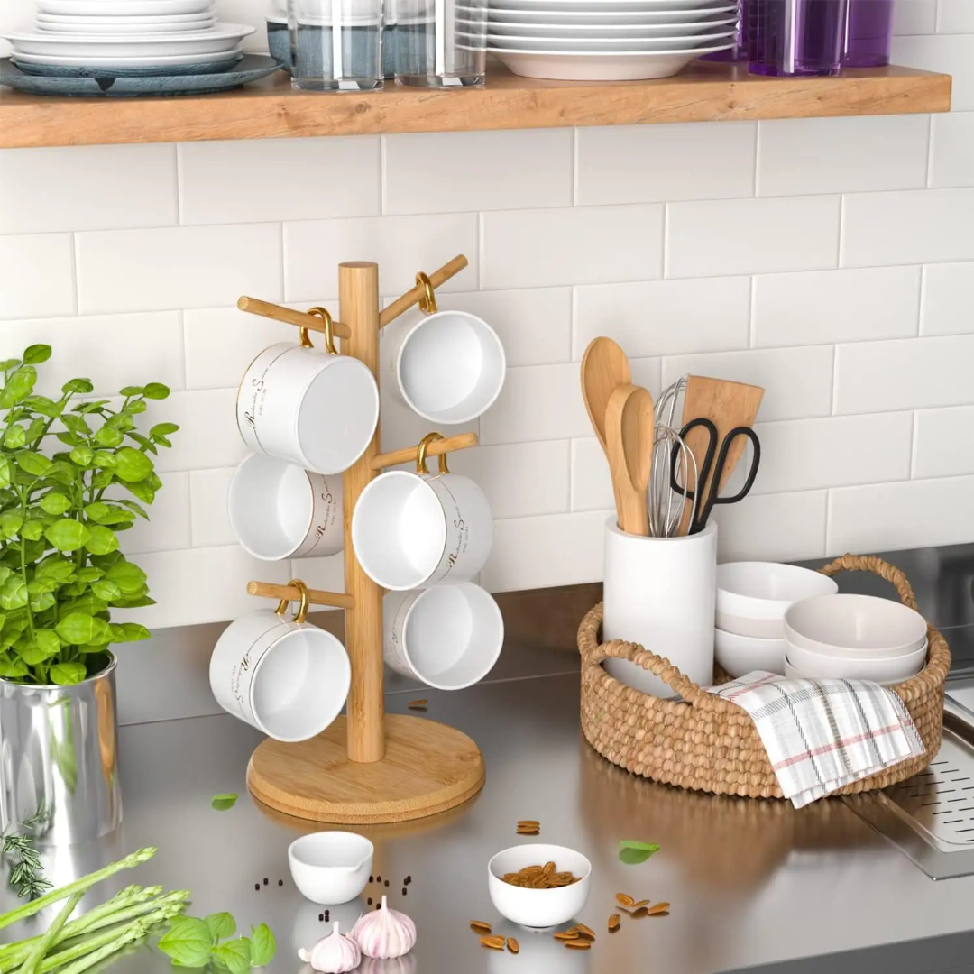 Wooden Bamboo Cup Holder Tree display rack 6 Hooks Tree Stand Organizer for Kitchen Home Storage
