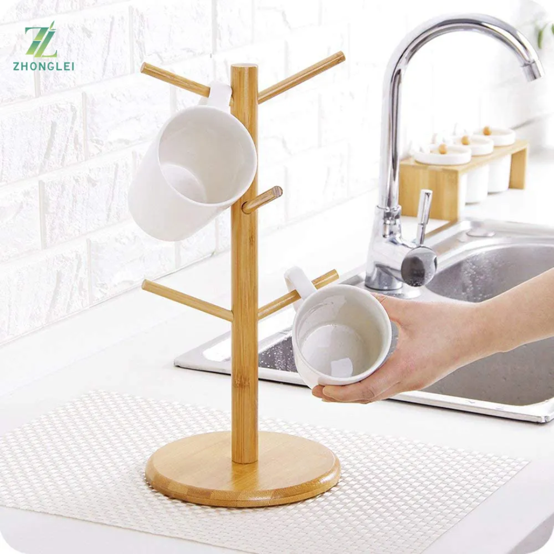 Wooden Bamboo Cup Holder Tree display rack 6 Hooks Tree Stand Organizer for Kitchen Home Storage