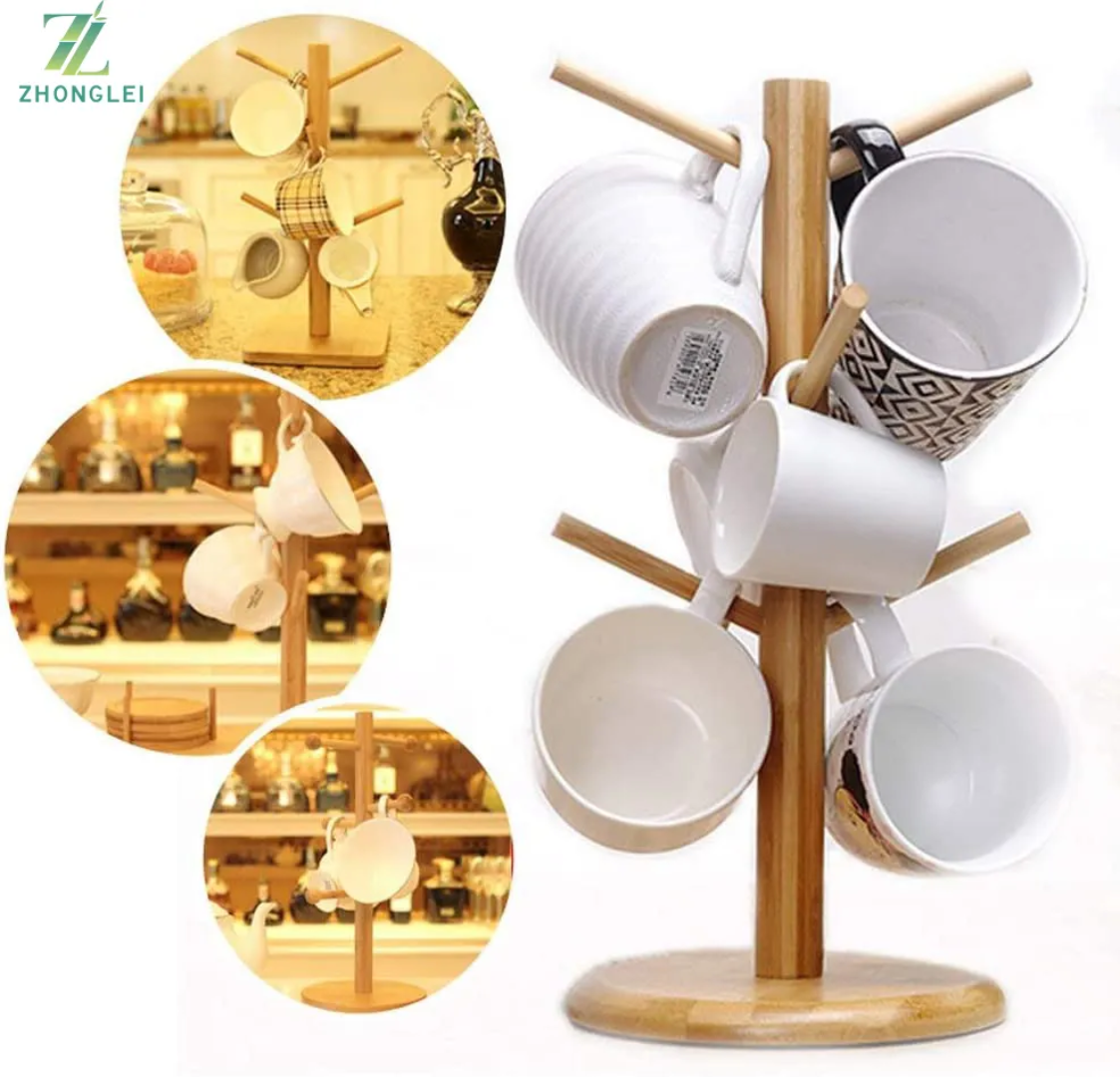 Wooden Bamboo Cup Holder Tree display rack 6 Hooks Tree Stand Organizer for Kitchen Home Storage