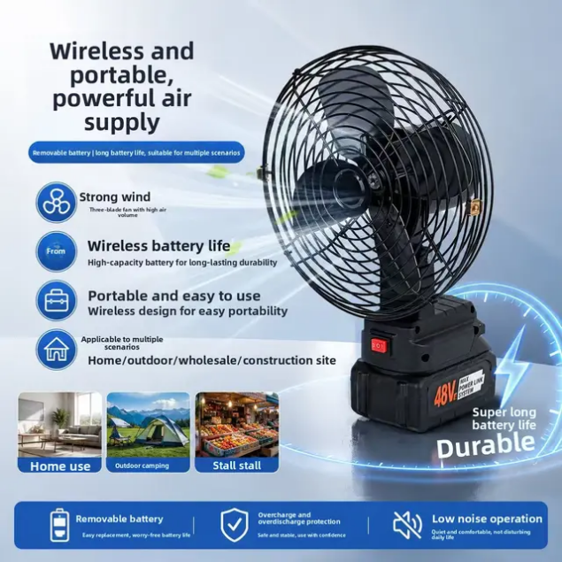 High Quality Cordless 96 Volt Lithium Battery Rechargeable Portable Full Metal Body Battery Fan