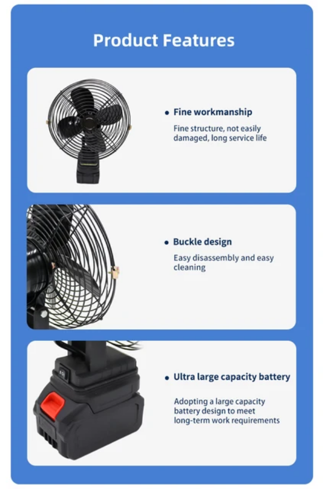High Quality Cordless 96 Volt Lithium Battery Rechargeable Portable Full Metal Body Battery Fan