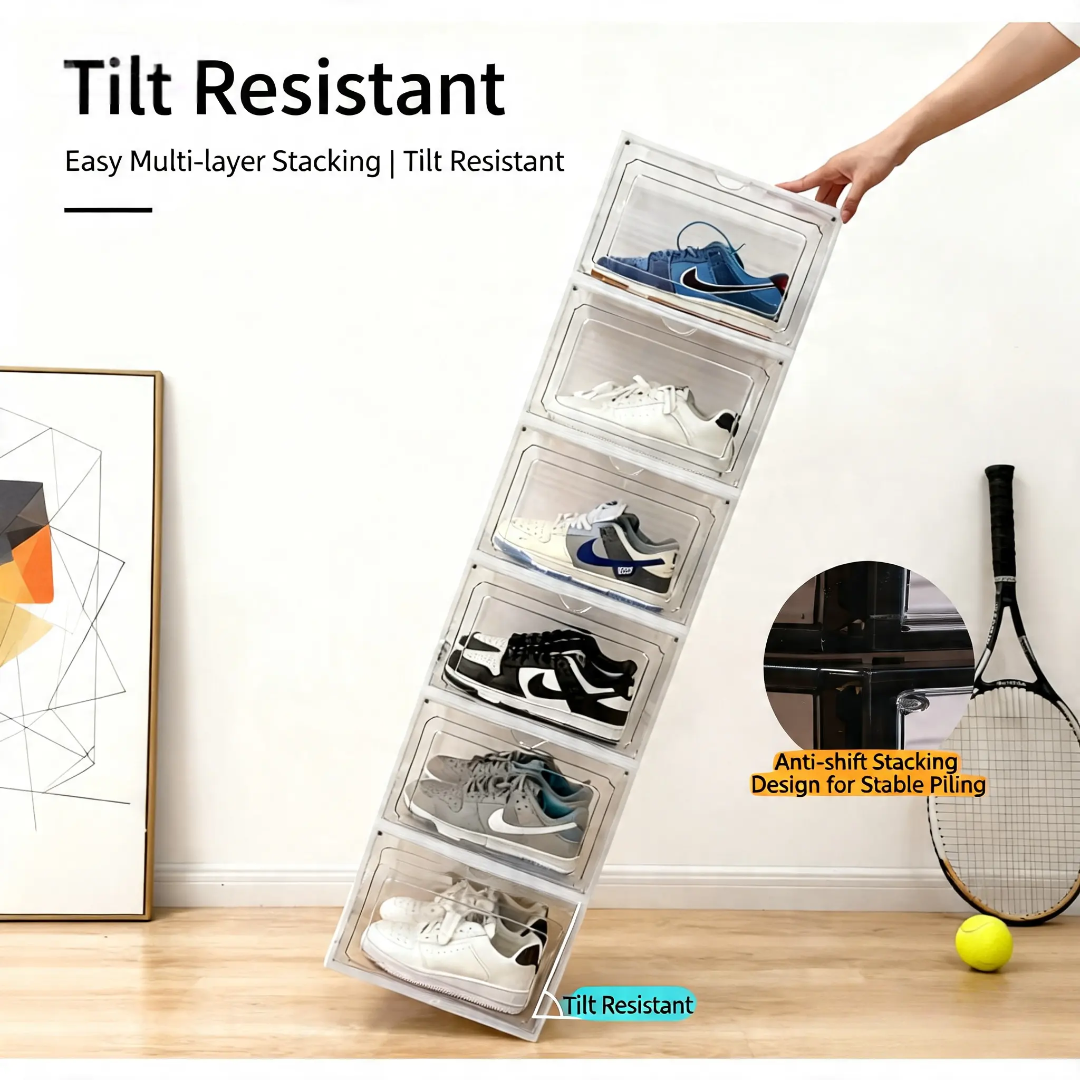 6 Box Transparent Magnetic Drop Stackable Foldable Shoes Crate Storage Organizer Container Box