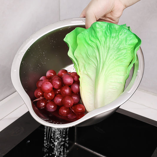 Kitchen Multifunctional Rice Washing Bowl Stainless Steel Drain Basket Sloping Bottom Vegetable Basin Fruit Vegetables Cleaning Filter Pot Basin Mesh Filter
