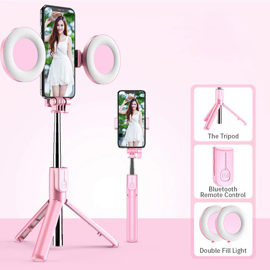 6 in 1 Integrated Rechargeable Selfie Stick, Mobile with Fill Light Streaming Stand Handheld Photo Stick Tripod Along with LED Lights ,Wireless Remote