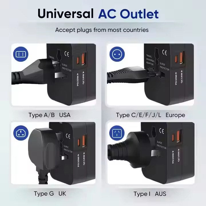 Universal Travel Adapter with USB C All-in-One Worldwide Wall Charger with AC Power Plug Adapter For USA EU UK AUS