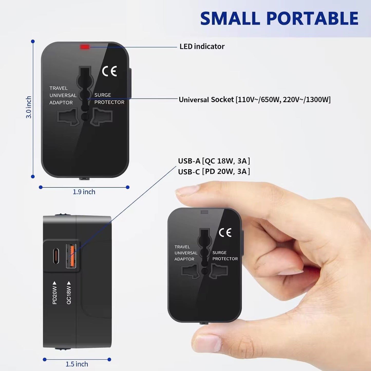 Universal Travel Adapter with USB C All-in-One Worldwide Wall Charger with AC Power Plug Adapter For USA EU UK AUS