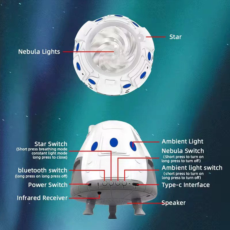 Space Capsule Starry Projector Light with Speaker Remote Control Galaxy Projector night Light Bedroom Decor UFO Projection Lamp