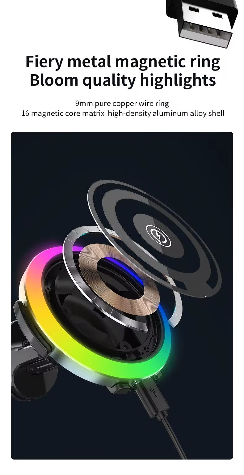 15W Magnetic Wireless Car Air Vent phone Charger With Ambient RGB lamp Fast Charger with OTP Protection