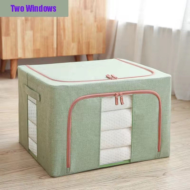 66 L Collapsible Double Window Style Cotton Linen Steel Frame Large Capacity Clothes Storage Chain Bags /Boxes BIns Toys Bedding Blanket Quilt and Sundries Storage