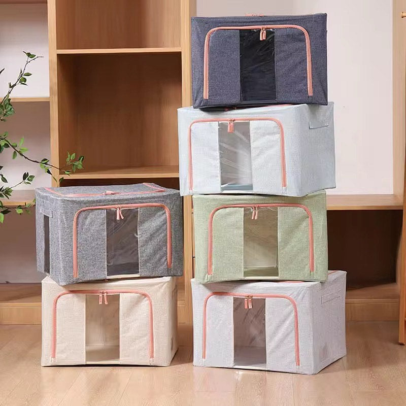 66 L Collapsible Double Window Style Cotton Linen Steel Frame Large Capacity Clothes Storage Chain Bags /Boxes BIns Toys Bedding Blanket Quilt and Sundries Storage