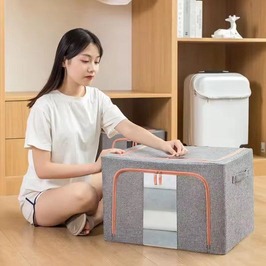 66 L Collapsible Double Window Style Cotton Linen Steel Frame Large Capacity Clothes Storage Chain Bags /Boxes BIns Toys Bedding Blanket Quilt and Sundries Storage