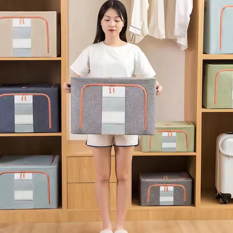66 L Collapsible Double Window Style Cotton Linen Steel Frame Large Capacity Clothes Storage Chain Bags /Boxes BIns Toys Bedding Blanket Quilt and Sundries Storage