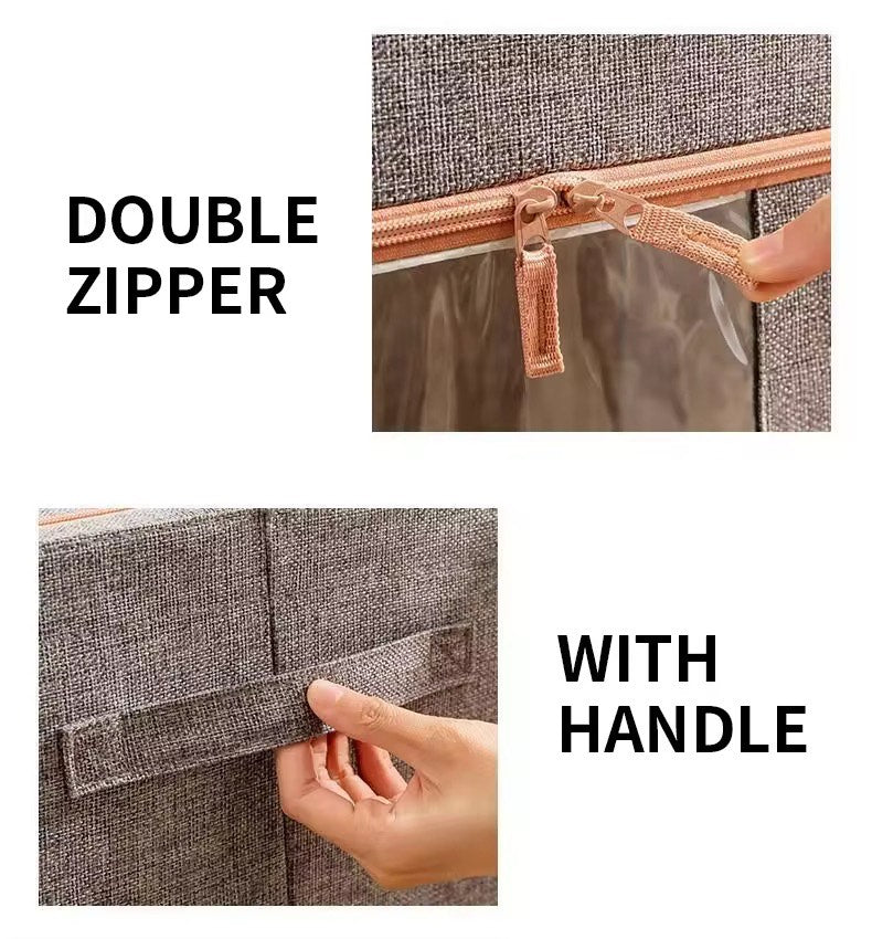 66 L Collapsible Double Window Style Cotton Linen Steel Frame Large Capacity Clothes Storage Chain Bags /Boxes BIns Toys Bedding Blanket Quilt and Sundries Storage