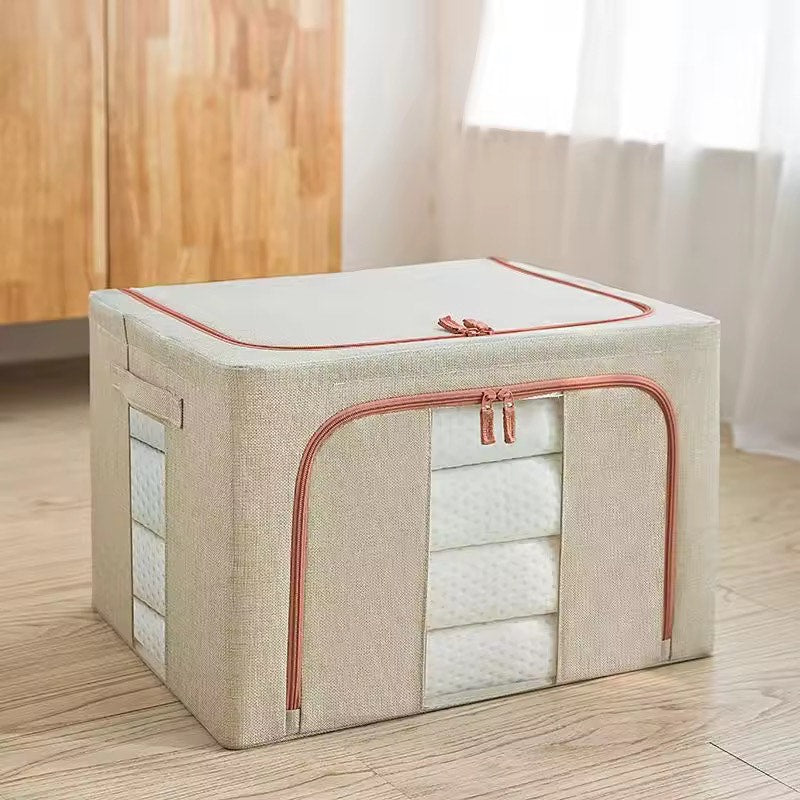 66 L Collapsible Double Window Style Cotton Linen Steel Frame Large Capacity Clothes Storage Chain Bags /Boxes BIns Toys Bedding Blanket Quilt and Sundries Storage