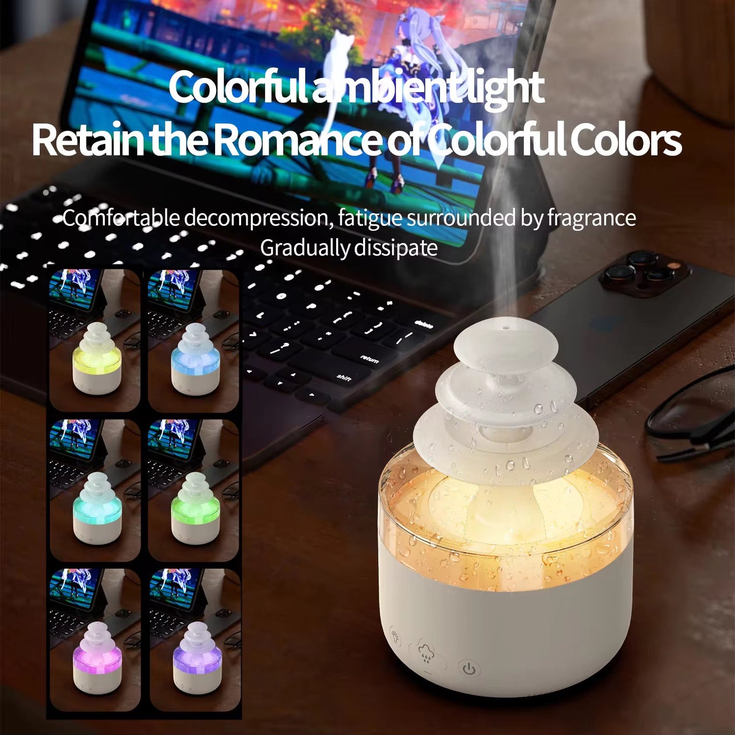 3 Layers Rain Cloud Aromatherapy Humidifiers 500ml Portable Water Drop Humidifier with 7 Colors and Perfume Diffuser