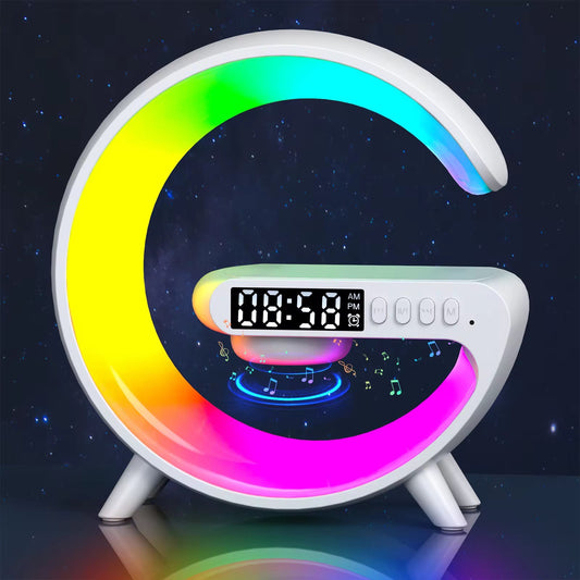 G-Shaped 15W Wireless Fast Charging Mobile App Control LED Night Light Dimmable Table Lamp /Wake Up Alarm Clock With BT Speaker