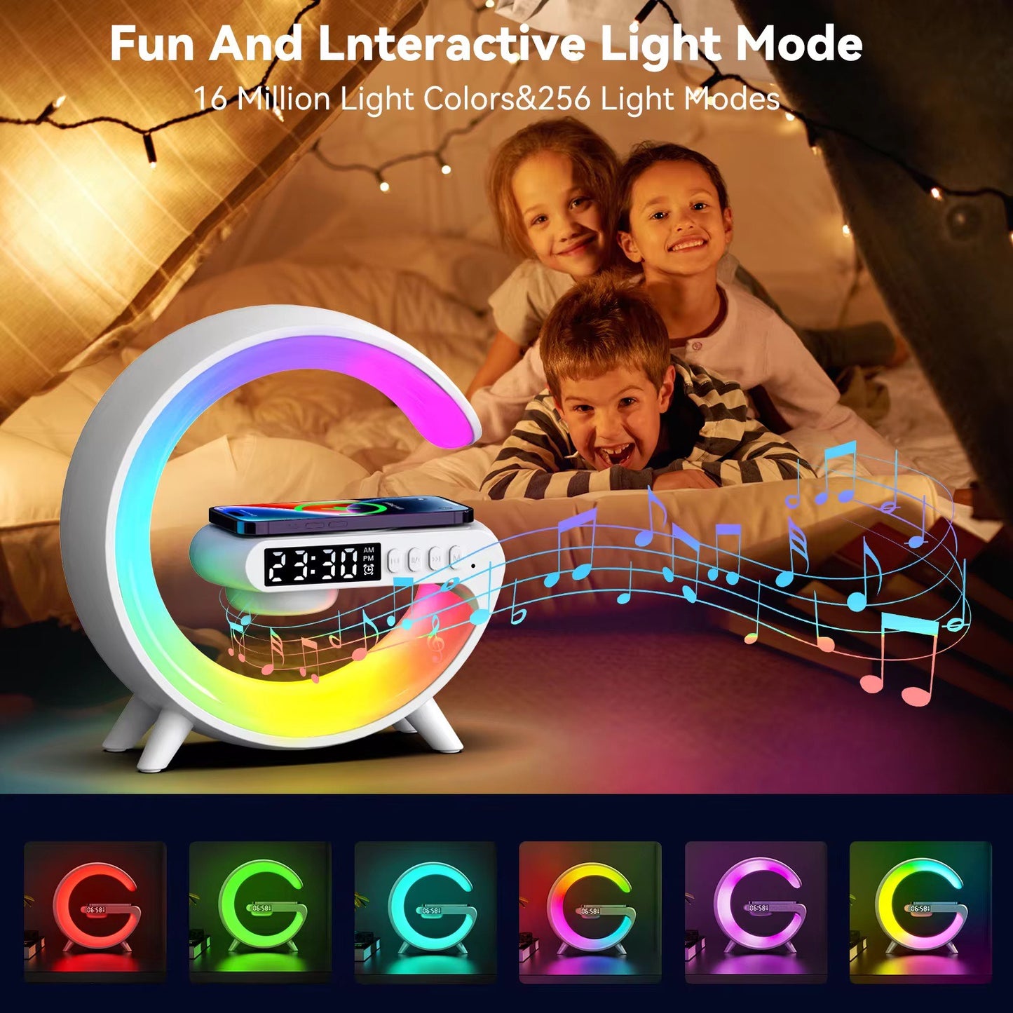 G-Shaped 15W Wireless Fast Charging Mobile App Control LED Night Light Dimmable Table Lamp /Wake Up Alarm Clock With BT Speaker