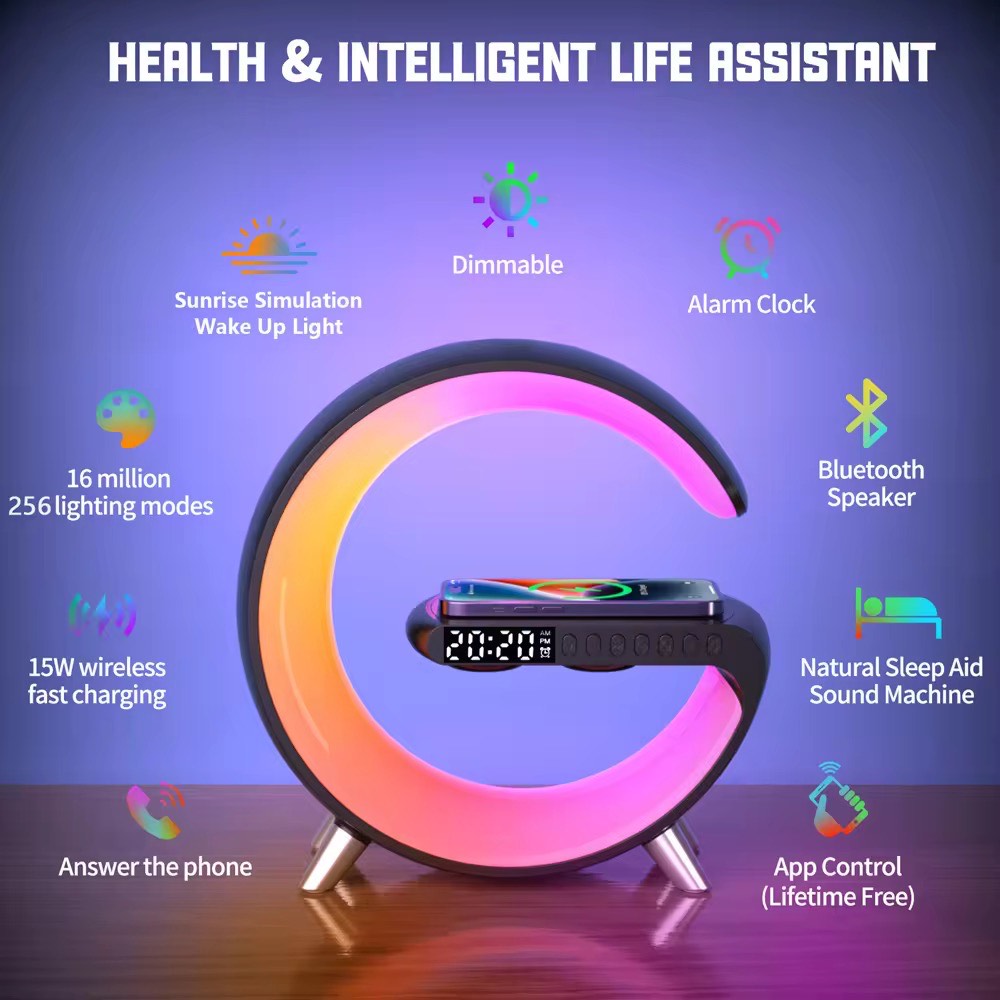 G-Shaped 15W Wireless Fast Charging Mobile App Control LED Night Light Dimmable Table Lamp /Wake Up Alarm Clock With BT Speaker