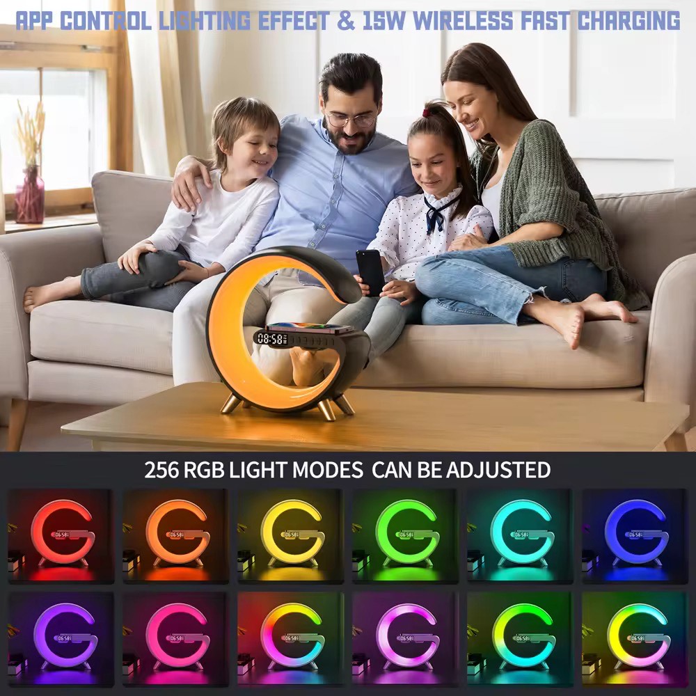 G-Shaped 15W Wireless Fast Charging Mobile App Control LED Night Light Dimmable Table Lamp /Wake Up Alarm Clock With BT Speaker