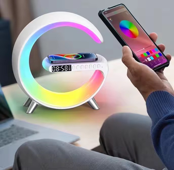 G-Shaped 15W Wireless Fast Charging Mobile App Control LED Night Light Dimmable Table Lamp /Wake Up Alarm Clock With BT Speaker