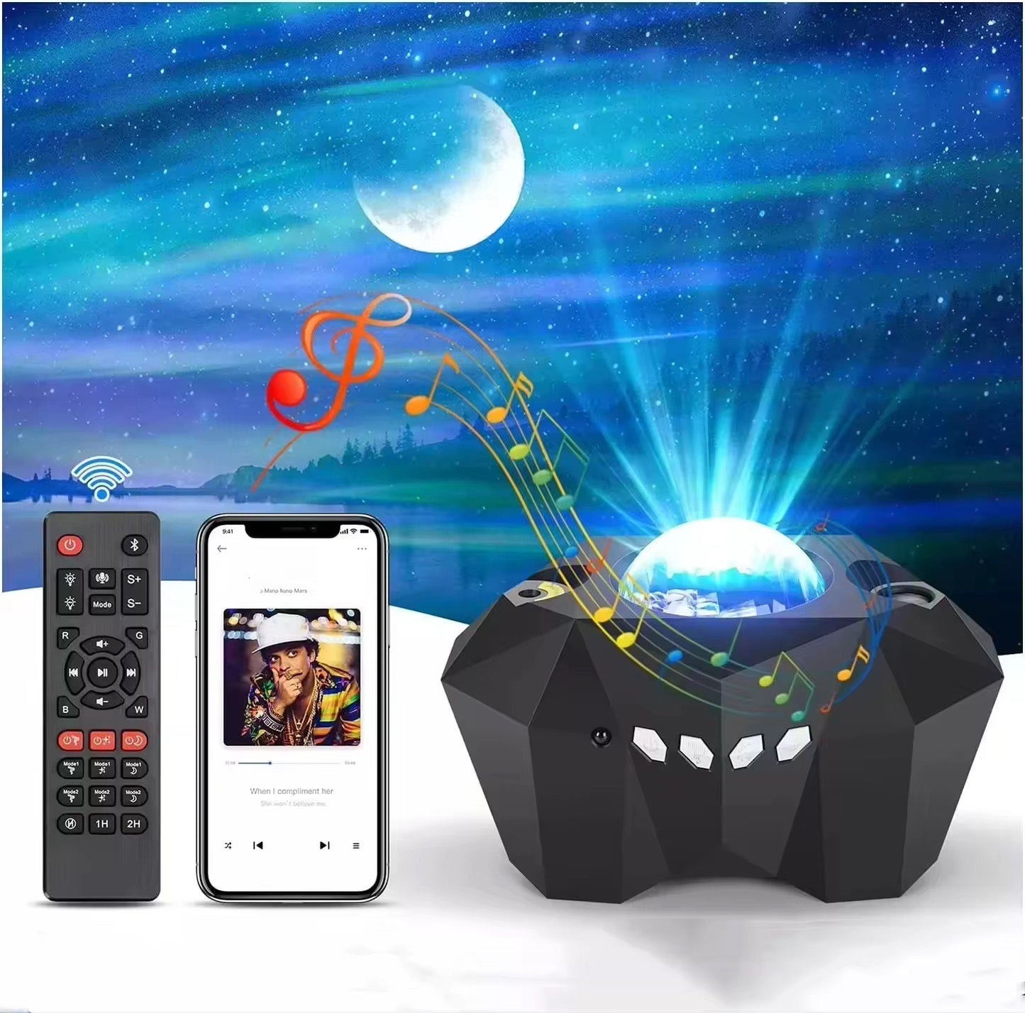 Romantic Aurora Moon Star Projection Lamp Design Lamp Remote Control Music Projector Night Light