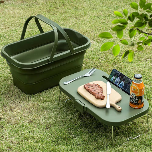 Multifunctional Outdoor Hiking Camping Folding Wash Basin Storage Foldable Collapsible Picnic Desk Basket With Lid and Tray Table