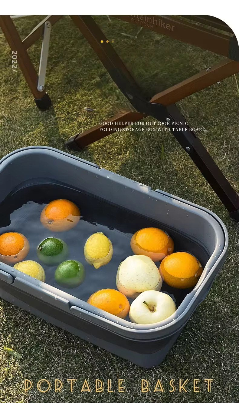 Multifunctional Outdoor Hiking Camping Folding Wash Basin Storage Foldable Collapsible Picnic Desk Basket With Lid and Tray Table