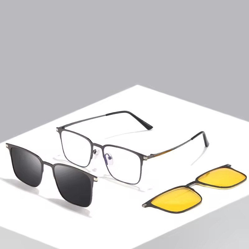 New Metal Square 3 in 1 Magnetic Clip on Glasses Set Polarized Anti Blue Light Sunglasses